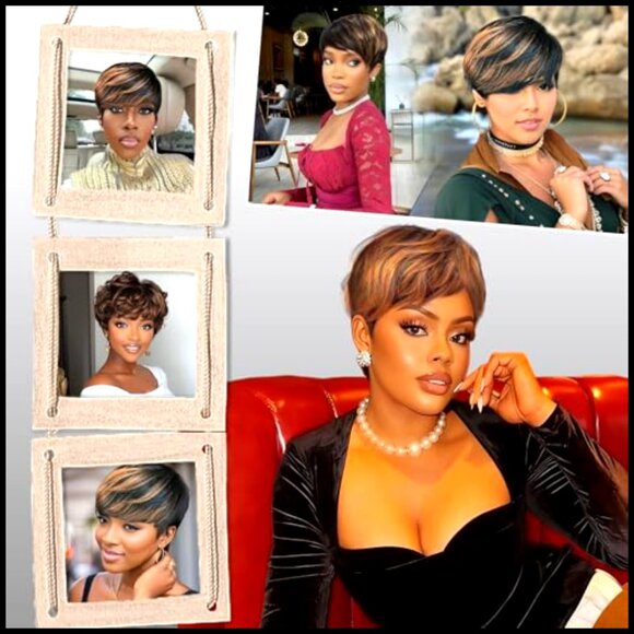 Pixie Cut Wig Human Hair Short Straight Layered Bangs Glueless Natural main image 5